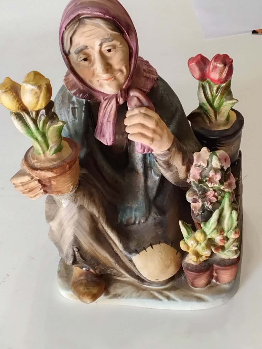 Vintage Norleans Japan Bisque Porcelain Old Woman Grandma Flower Seller Figurine